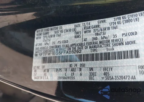 2015 Ford F-150 Lariat z USA, uszkodzony, nr VIN 1FTFW1EG5FFA03292